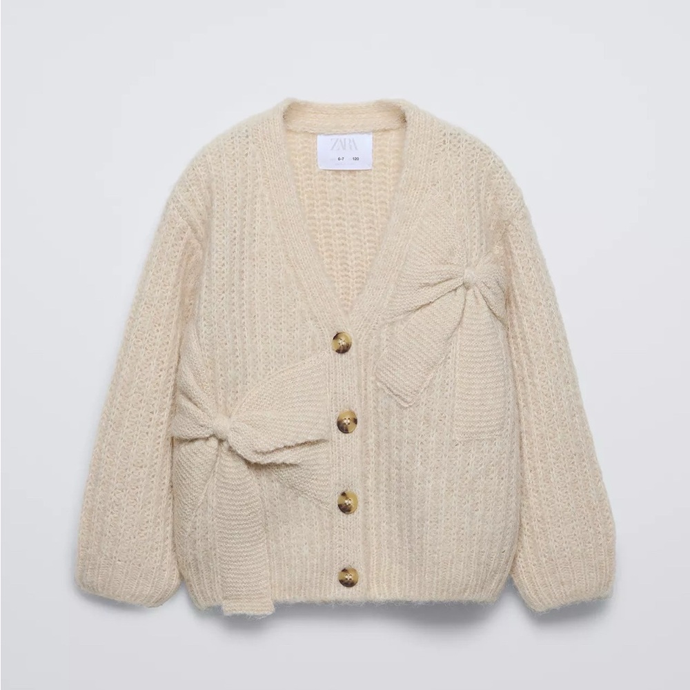 Zara Girls Taupe Button Cardigan with Bow Detail